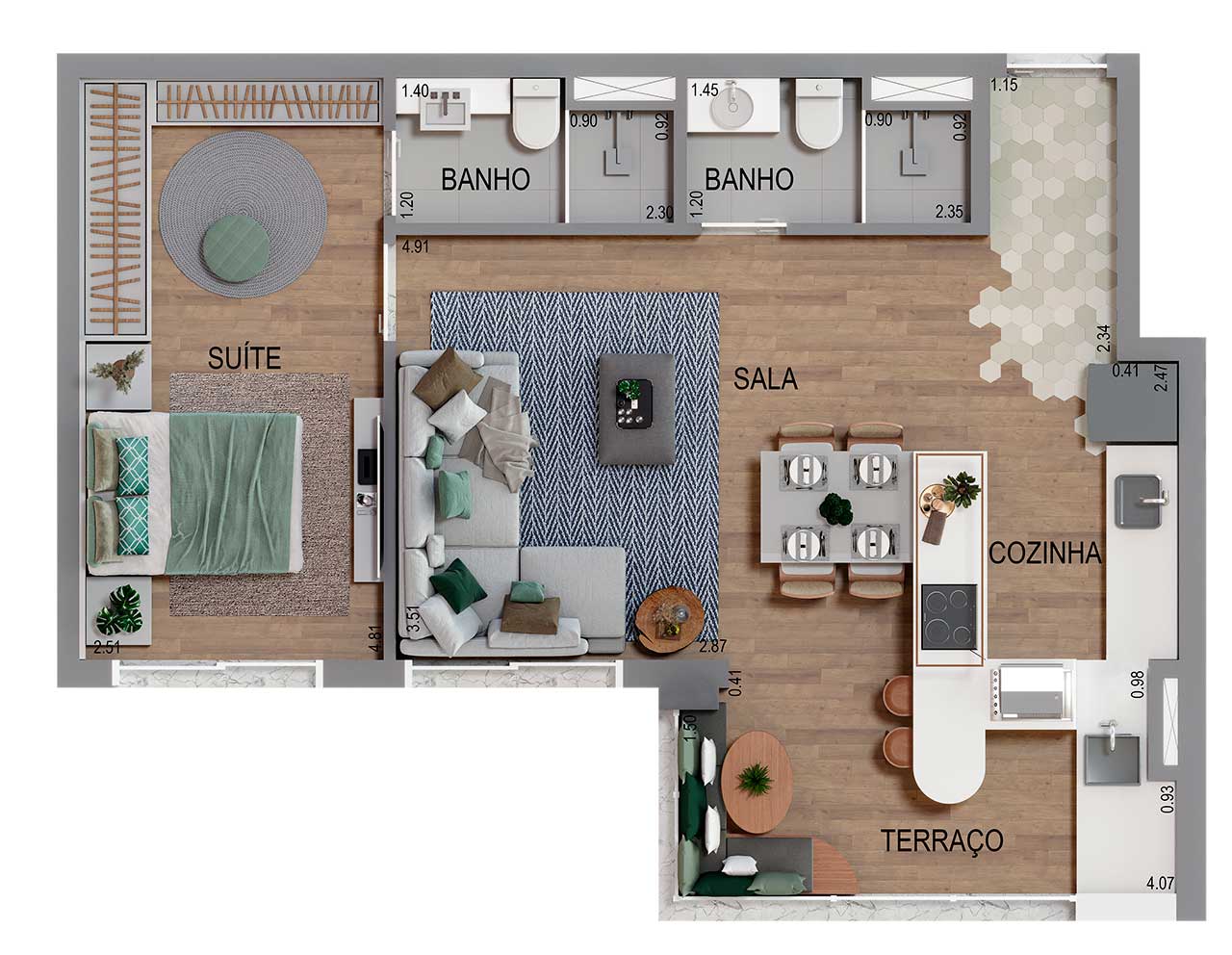 Planta 55m² - 2 vagas de garagem  - Acqua Park Barueri
