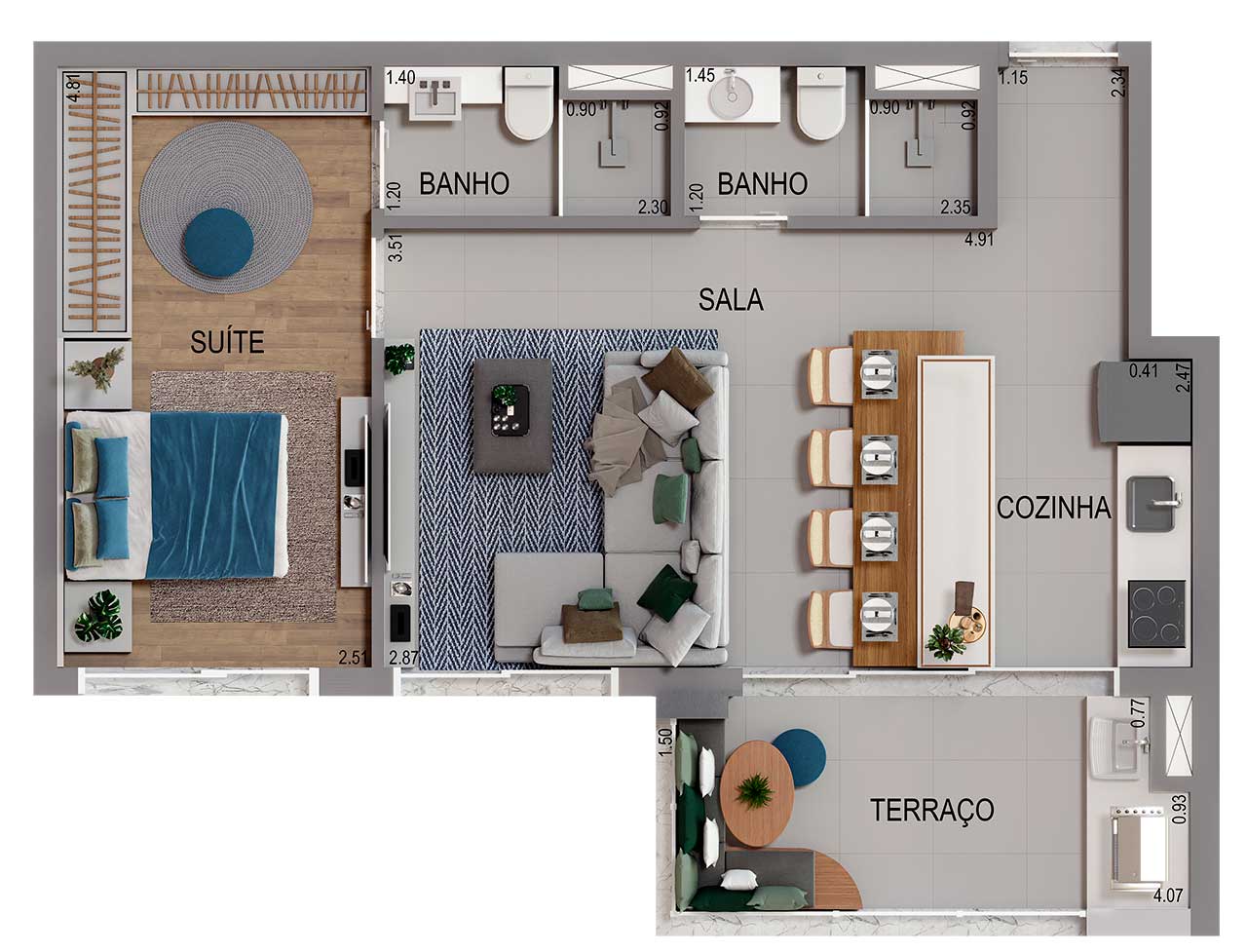 Planta 54m² - 2 vagas de garagem  - Acqua Park Barueri