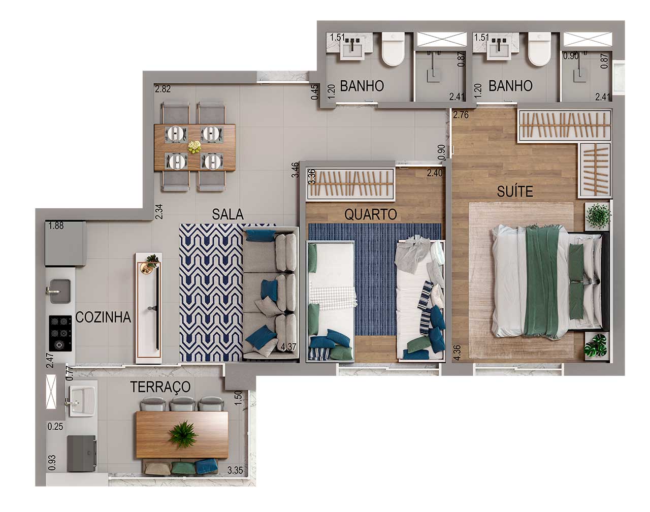 Planta 58m² - 3 Dormitórios, 1 suíte e 2 vagas de garagem  - Acqua Park Barueri