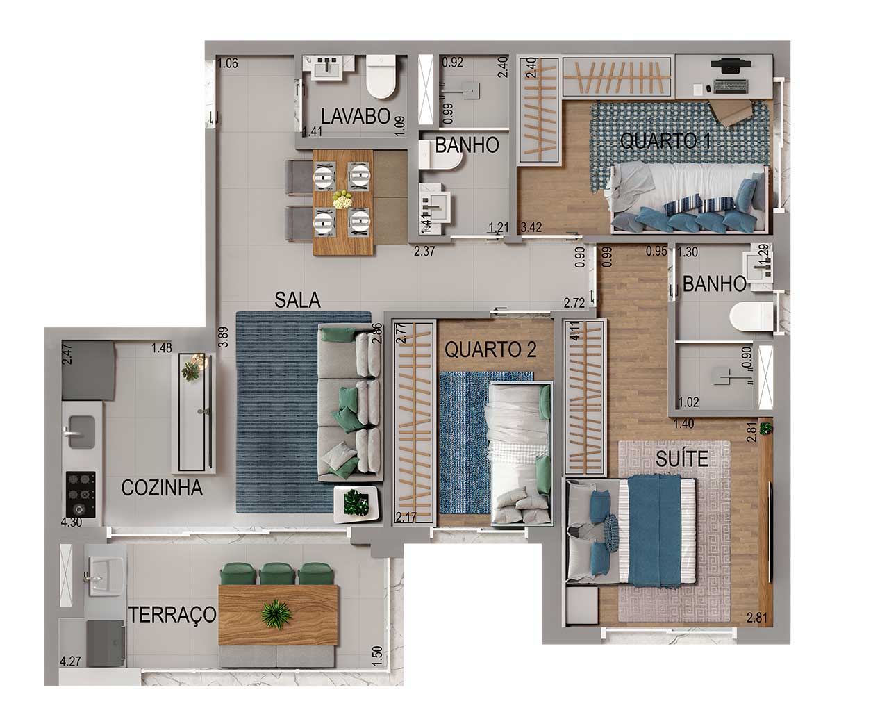 Planta 69m² - 3 Dormitórios, 1 suíte e 2 vagas de garagem  - Acqua Park Barueri