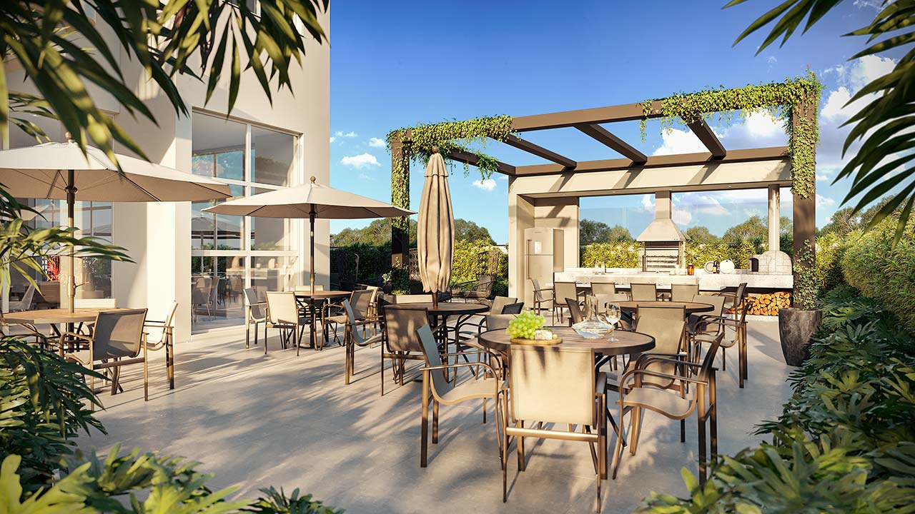 Espaço gourmet com forno de pizza e churrasqueira Acqua Park Barueri - Perspectiva ilustrada