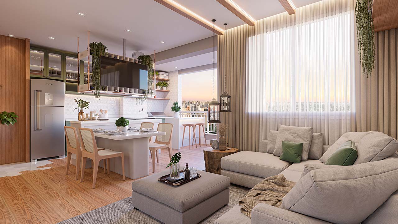 Living apartamento 55m² - Acqua Park Barueri - Perspectiva ilustrada