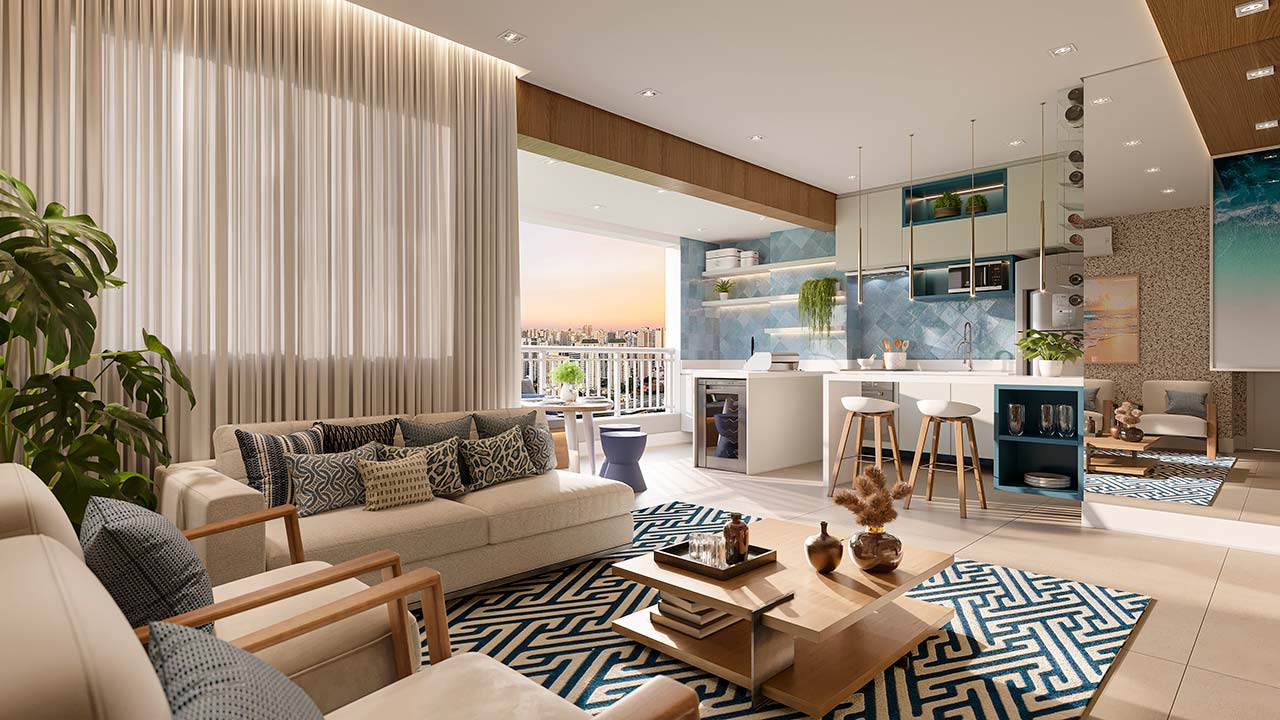 Living apartamento 69m² - Acqua Park Barueri - Perspectiva ilustrada