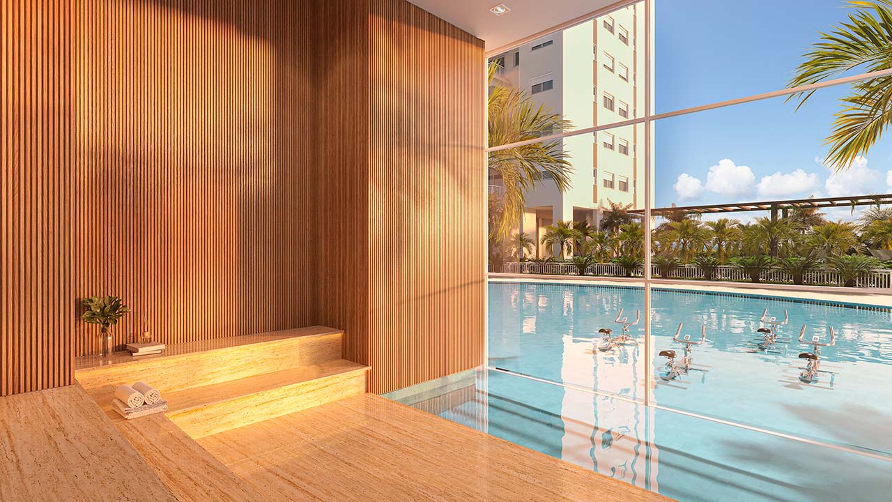 Sauna com mergulho para a piscina externa Acqua Park Barueri - Perspectiva ilustrada
